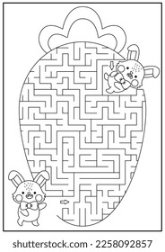 Easter black and white maze for kids. Spring holiday preschool printable activity with kawaii bunny eating big carrot. Geometrical labyrinth game, puzzle or coloring page with cute character
