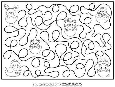 Easter black and white maze for kids. Spring holiday preschool printable activity with kawaii hen searching for chick. Garden labyrinth game, puzzle or coloring page with cute character
