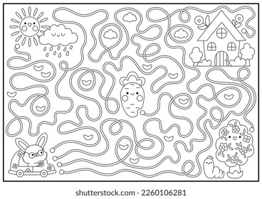 Easter black and white maze for kids. Spring holiday preschool printable activity with kawaii car with bunny, country house. Garden labyrinth game, puzzle or coloring page with cute characters
