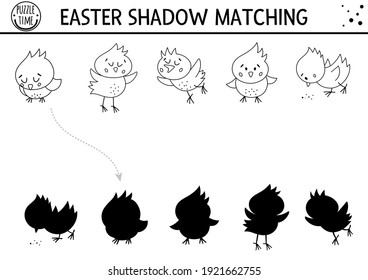 Easter black and white shadow matching activity for children with chickens. Outline spring puzzle with cute farm birds. Holiday celebration educational game for kids. Find the correct silhouette 

