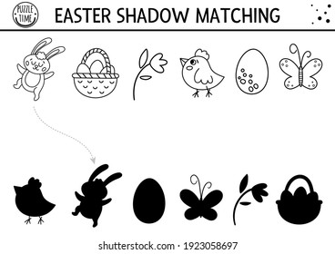 Easter black and white shadow matching activity for children. Outline spring puzzle with cute holiday symbols. Educational game for kids with eggs, basket, bunny. Find the correct silhouette 

