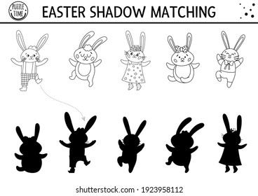 Easter black and white shadow matching activity for children with bunny family. Outline spring puzzle with cute animals. Holiday celebration educational game for kids. Find the correct silhouette 


