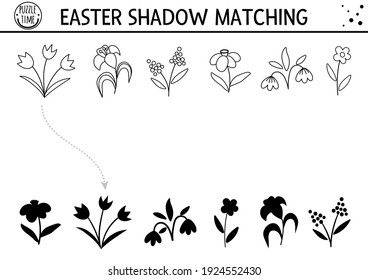 Easter black and white shadow matching activity for children. Outline spring puzzle with cute first flowers. Holiday celebration educational game for kids. Find the correct silhouette. 

