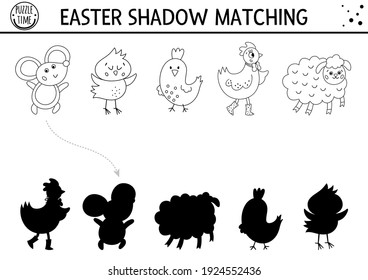 Easter black and white shadow matching activity for children. Outline spring puzzle with cute farm animals. Holiday celebration educational game for kids. Find the correct silhouette 
