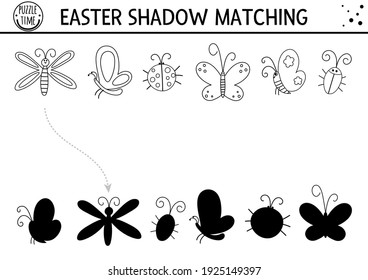 Easter black and white shadow matching activity for children. Outline spring puzzle with cute insects. Holiday celebration educational game for kids. Find the correct silhouette printable worksheet