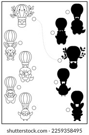 Easter black and white shadow matching activity with cute kawaii animals flying on hot air balloons. Spring holiday shape recognition puzzle. Find correct silhouette printable worksheet

