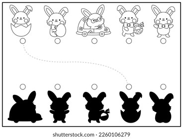 Semana Santa, las sombras blancas y negras se combinan con los conejillos. Rompecabezas de reconocimiento de forma de vacaciones de primavera con animales kawaii lindos. Buscar una hoja de cálculo imprimible de silueta correcta. Página de coloreado de jardín


