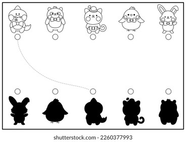Easter black and white shadow matching activity with cute kawaii animals. Spring holiday shape recognition puzzle. Find correct silhouette printable worksheet. Garden coloring page

