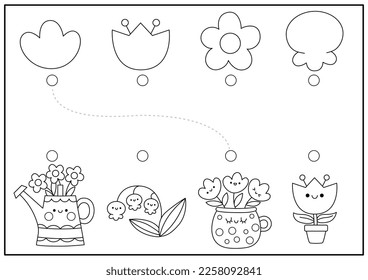 Easter black and white shape recognition activity. Spring holiday matching puzzle with cute kawaii flowers. Find correct silhouette printable worksheet. Garden coloring page for kids
