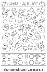 Easter black and white I spy game for kids. Searching and counting activity with cute kawaii holiday symbols. Spring printable worksheet. Simple garden spotting coloring page with bunny, eggs
