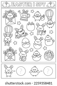 Easter black and white I spy game for kids. Searching and counting activity with cute kawaii holiday symbols. Spring printable worksheet, coloring page. Simple spotting puzzle with bunny, chick
