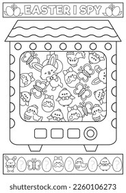 Easter black and white I spy game for kids with toy vending machine. Searching, counting activity. Coloring page with cute kawaii holiday symbols. Spring printable worksheet with bunny, eggs, chicks
