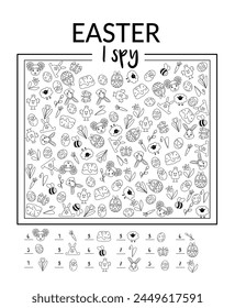 Easter black and white I spy game for kids. Searching and counting activity with cute easter, spring symbols. Spring printable worksheet. 
