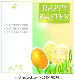 Easter Blank Illustration  Easter Eggs  of  Golden Color.  Vector  Light Yellow and Green Background for  Greetiing  Easter Cards and Banners