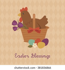 Easter Blessings card with hen in a basket, crocuses and Easter eggs. Vector layered file with seamless background pattern.