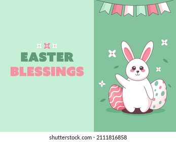 Easter Blessings Or Greeting Card With Cute Bunny, Printed Eggs, Flowers And Bunting Flags On Green Background.