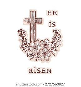 Semana santa de las bendiciones de Pascua se ha levantado a través de la ilustración de la tarjeta religiosa cristiana. Dibujado a mano de la temporada de saludo de impresión vintage moderno. Cruz editable aislada del Vector blanco y negro con el motivo de la flor 