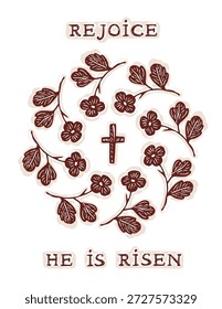 Semana santa de las bendiciones de Pascua se ha levantado a través de la ilustración de la tarjeta religiosa cristiana. Dibujado a mano de la temporada de saludo de impresión vintage moderno. Motivo de corona de flores de cruz blanca negra de Vector editable aislado 