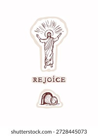 Easter blessings holy week he is risen Jesus Christ tomb christian religious card illustration. Hand drawn greeting print vintage modern. Isolated editable vector black white calvary golgotha motif 