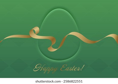 Easter Blessings. Luxurious golden ribbon flows gracefully, complementing the subtle egg shape on a rich green background, symbolizing renewal.