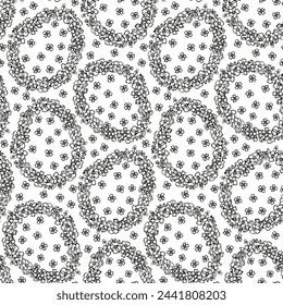 Easter bloom egg spring floral seamless pattern Line art hand drawn flower for design of textile, fabric, scrapbook., wallpaper. Vector background in black and white color.
