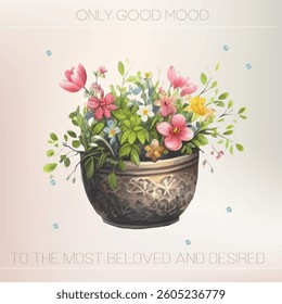 Easter Bloom – A festive watercolor floral composition in a decorative pot, ideal for Easter-themed designs with soft pinks and yellows.