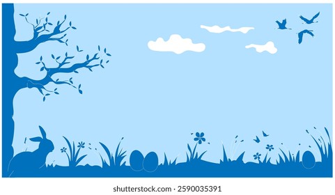 Easter blue background with flowers and birds