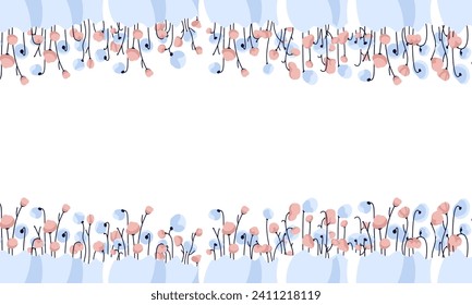 Easter blue background with spring flowers on top and bottom. Spring and Easter background with a place for text