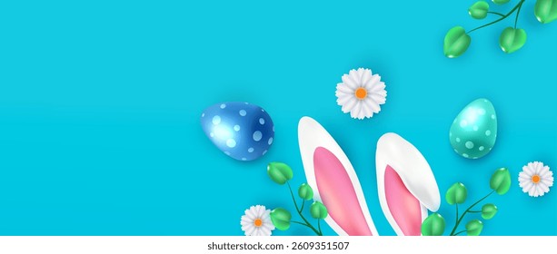 Easter blue banner with eggs bunny ears and flower. Holiday 3D composition card design. Happy Easter vector.