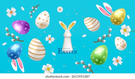 Easter blue banner with eggs, catkins, bunny ears and flower. Holiday 3D composition card design. Happy Easter vector.