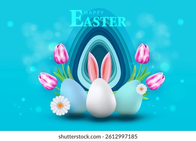 Easter blue banner with eggs, tulip, bunny ears and flower. Holiday 3D cartoon card design. Happy Easter vector.