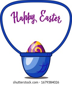 Cesta azul de Pascua con un huevo en el interior, decorada con motivos, con la inscripción Happy Easter (Pascua feliz), ilustración vectorial aislada en fondo blanco