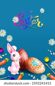 Easter blue card with cute bunny and painted eggs.