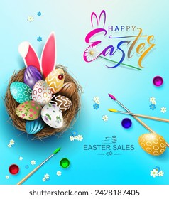 Easter blue card, eggs in the nest, bunny ears, brushes and paints.
