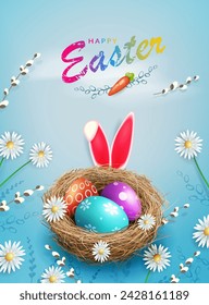 Composición azul de Pascua con nido con huevos, orejas de conejito y margaritas.