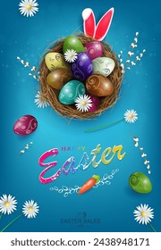 Composición azul de Pascua, maravilloso nido con huevos y orejas de conejo.