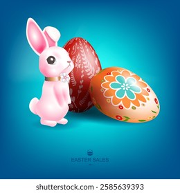 Easter blue design with eggs and cute pink bunny, design element