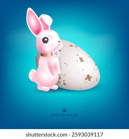 Easter blue design with white egg and cute pink bunny,isolated design component