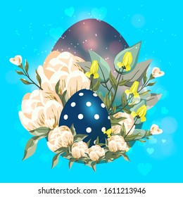 Easter blue egg banner. Easter, a holiday of spring. Spring bouquet with peonies and yellow flowers. Vector illustration. Spring holidays.