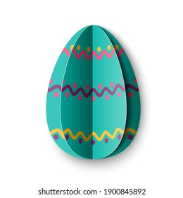 Easter blue Egg decorated in cut paper style isolated on white background. Colored paper origami technique and trendy design. Vector illustration