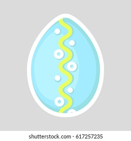 Easter blue egg icon isolated on a gray background. Volumetric with a white outline, with colored contrasting ornament of smooth zig zag line and points. Vector Illustration. Spring holiday.