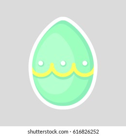 Easter blue egg isolated on a gray background. Volumetric with a white outline, with colored contrasting ornament of circle line and points. Vector Illustration. Spring holiday.