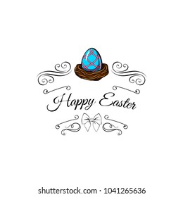 Easter blue egg in a nest decorated with swirls, bow, flourish and ornate frames. Vector illustration.