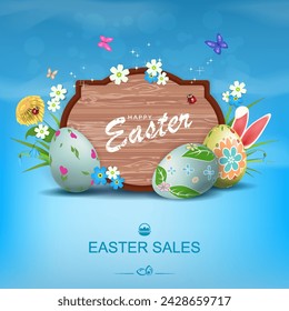 Easter blue illustration with a curly frame, eggs with a pattern, grass with flowers.
