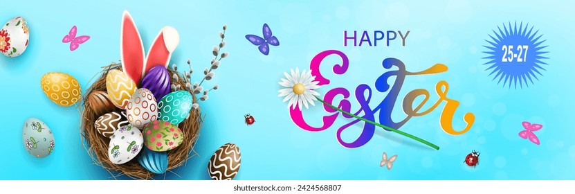 Easter blue illustration, eggs in a basket, bunny ears, butterflies and beetles.