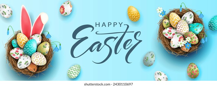 Easter blue illustration, eggs in a basket with a beautiful pattern, bunny ears.