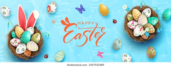 Easter blue illustration, eggs in a basket with a beautiful pattern, bunny ears, butterflies and beetles.