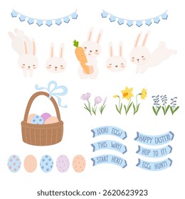 Easter blue set elements in flat cartoon design. Bundle of flag garlands, basket with decoration eggs, first flowers, rabbits, direction banners for holiday hunt game. Vector illustration isolated.