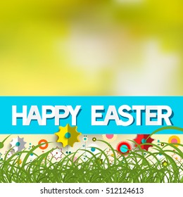 Easter Blurred Bokeh Background with Grass, Colorful Paper Cut Flowers and Title Happy Easter