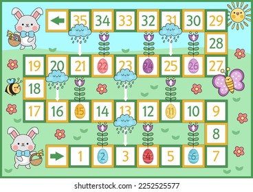 Easter board game for children with funny bunny going for egg hunt with basket. Spring holiday party boardgame with flowers, rain, sun, bumblebee. Cute garden printable roll a dice activity
